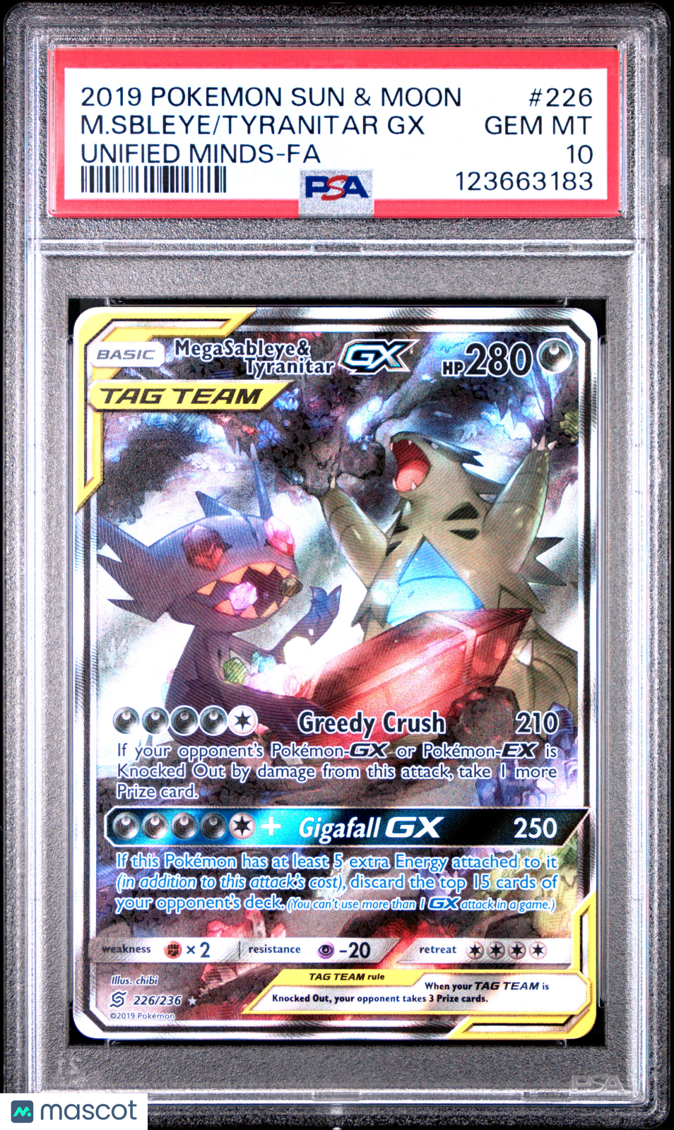 2019 Pokemon Sun & Moon Unified Minds Tyranitar GX M. Sbleye #226 Unified Minds-Fa PSA 10