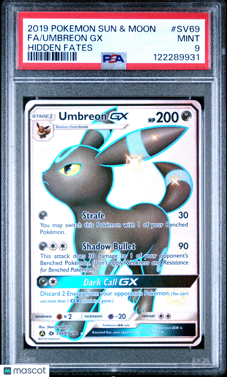 2019 Pokemon Sun & Moon Hidden Fates Umbreon GX #SV69 Fa Hidden Fates PSA 9