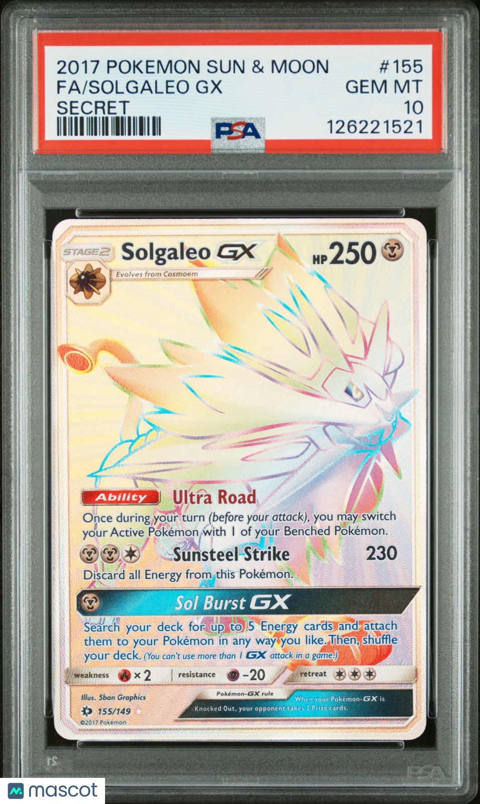 2017 Pokemon Sun & Moon Solgaleo GX #155 Secret Fa PSA 10
