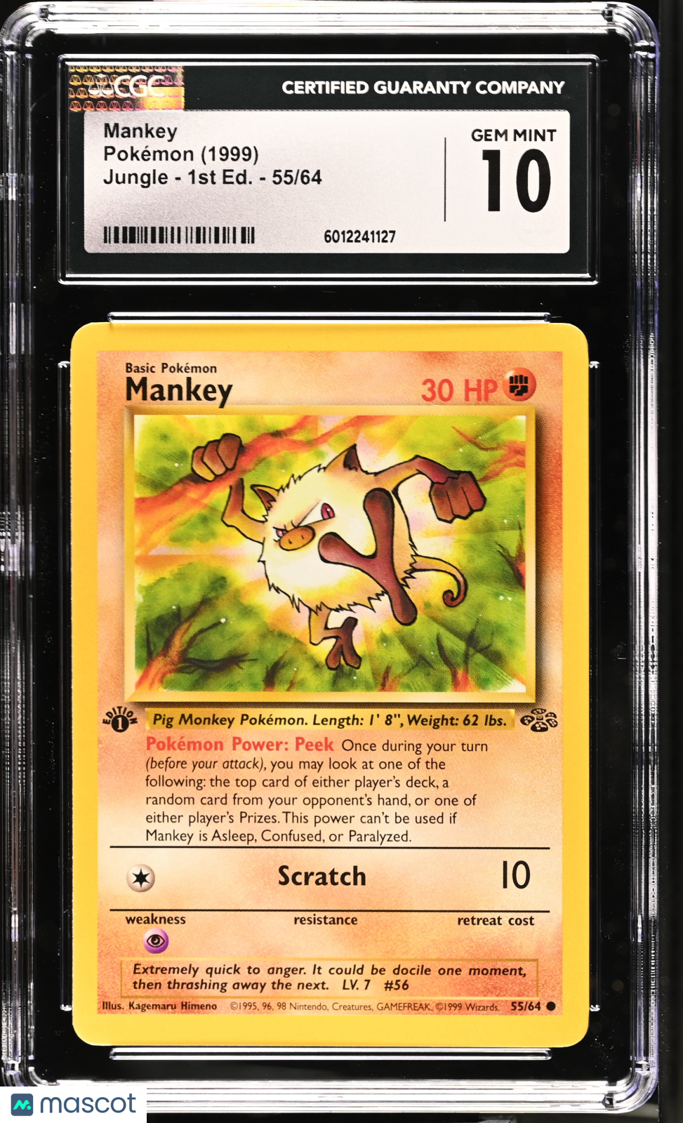 1999 Pokemon Mankey #55/64 1st Edition CGC 10