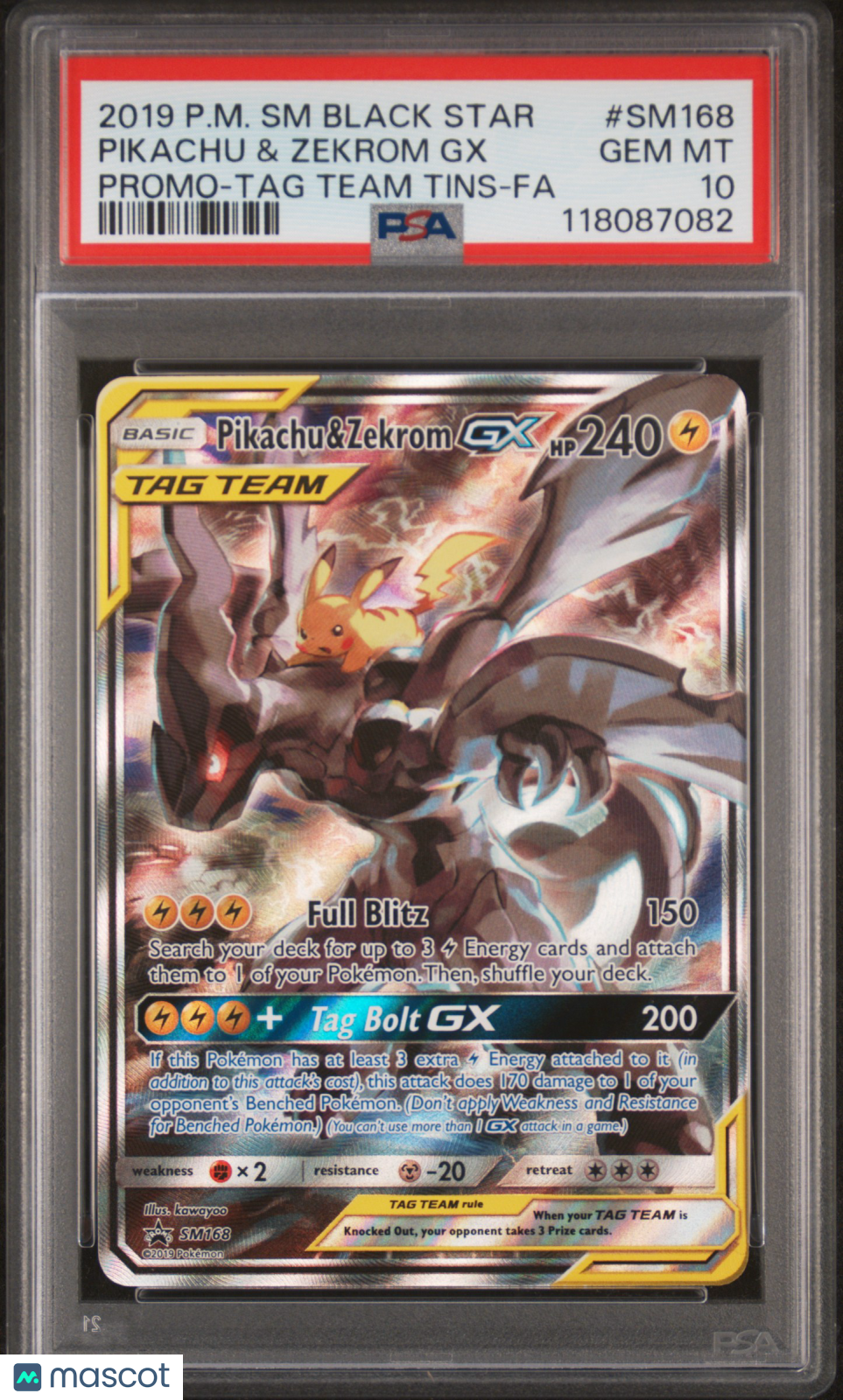 2019 Pokemon SM Black Star Promo Pikachu & Zekrom GX #SM168 Promo-TAG Team Tins-Fa PSA 10