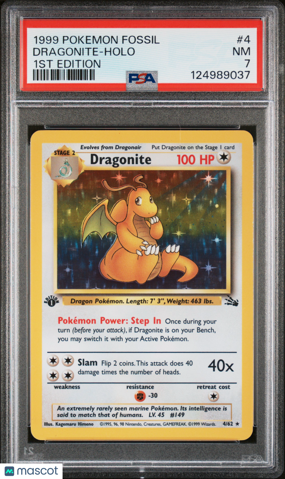 1999 Pokemon Fossil Dragonite #4 1st Edition PSA 7