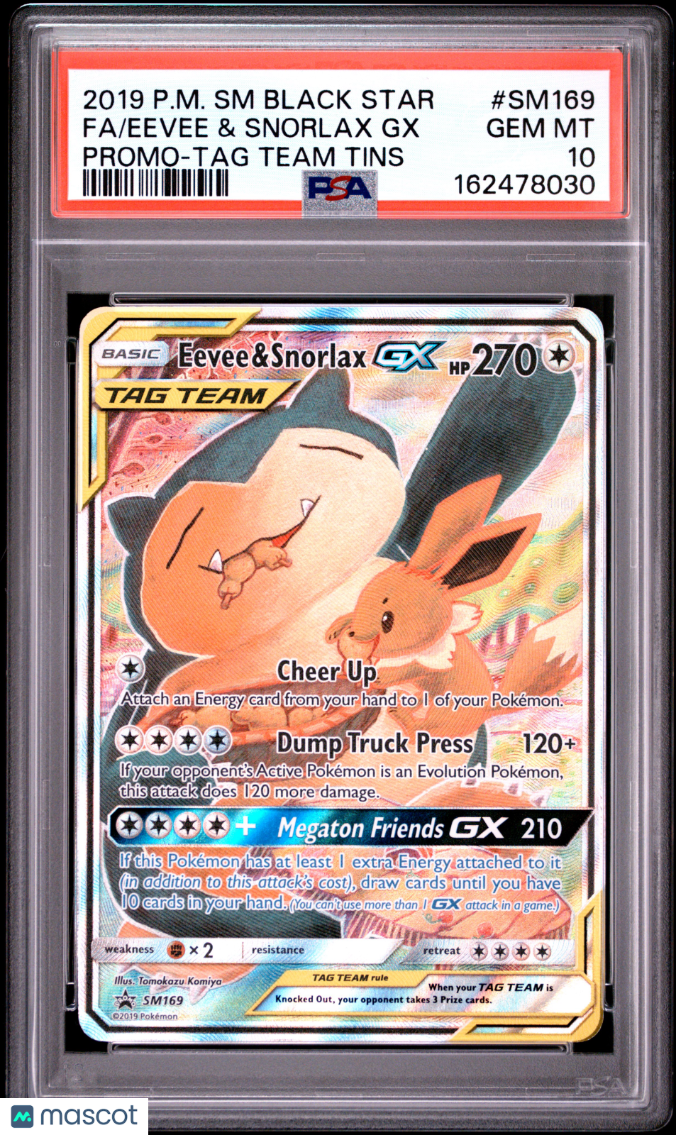 2019 Pokemon SM Black Star Promo Eevee & Snorlax GX #SM169 Fa Promo-TAG Team Tins PSA 10