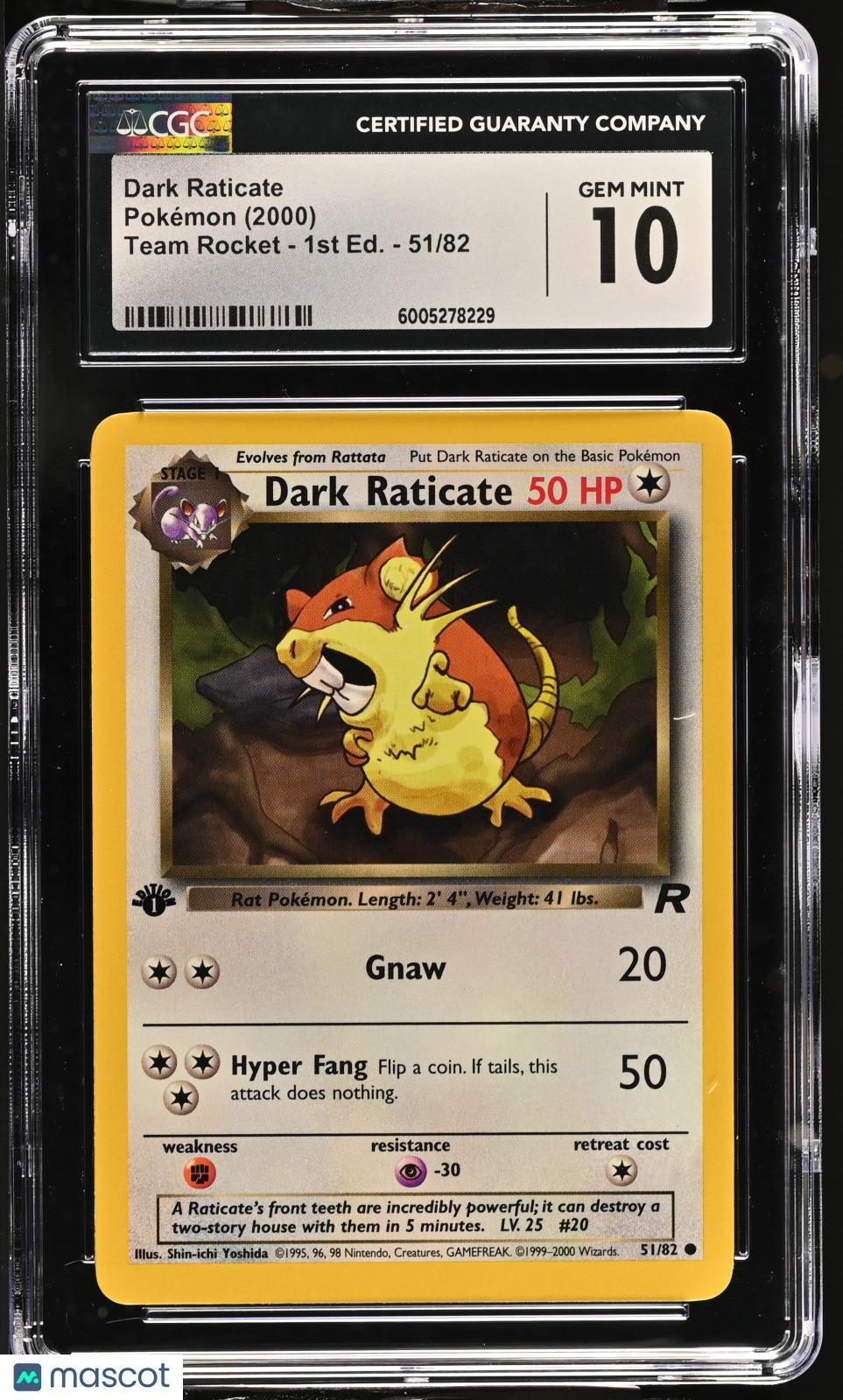2000 Pokemon Dark Raticate #51/82 51/82 1st Edition CGC 10