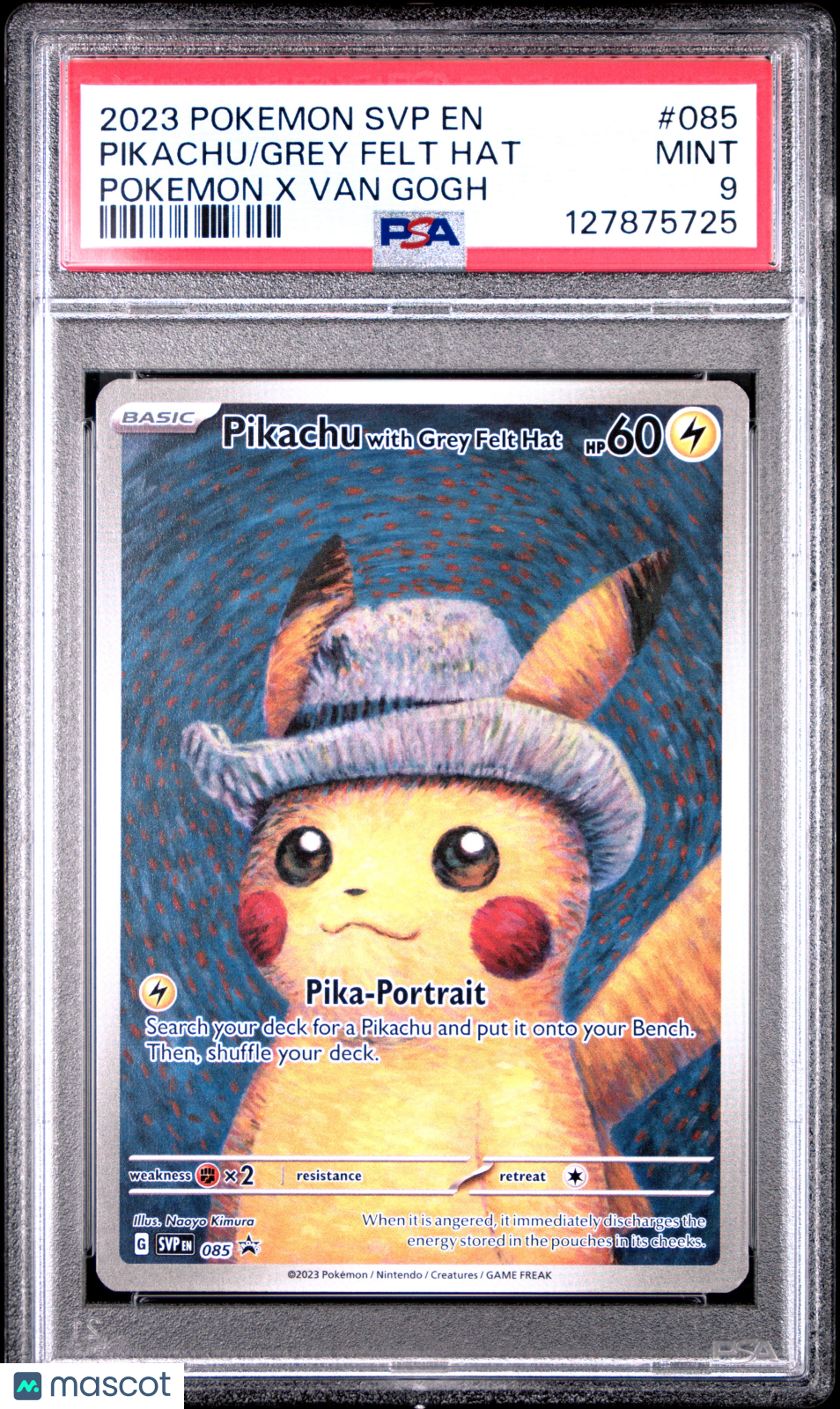 2023 Pokemon SVP EN-SV Black Star Promo Grey Felt Hat Pikachu #085 Pokemon X Van Gogh PSA 9