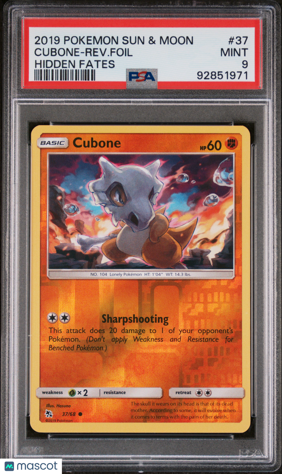 2019 Pokemon Sun & Moon Hidden Fates Cubone-Rev. Foil #37 Hidden Fates PSA 9