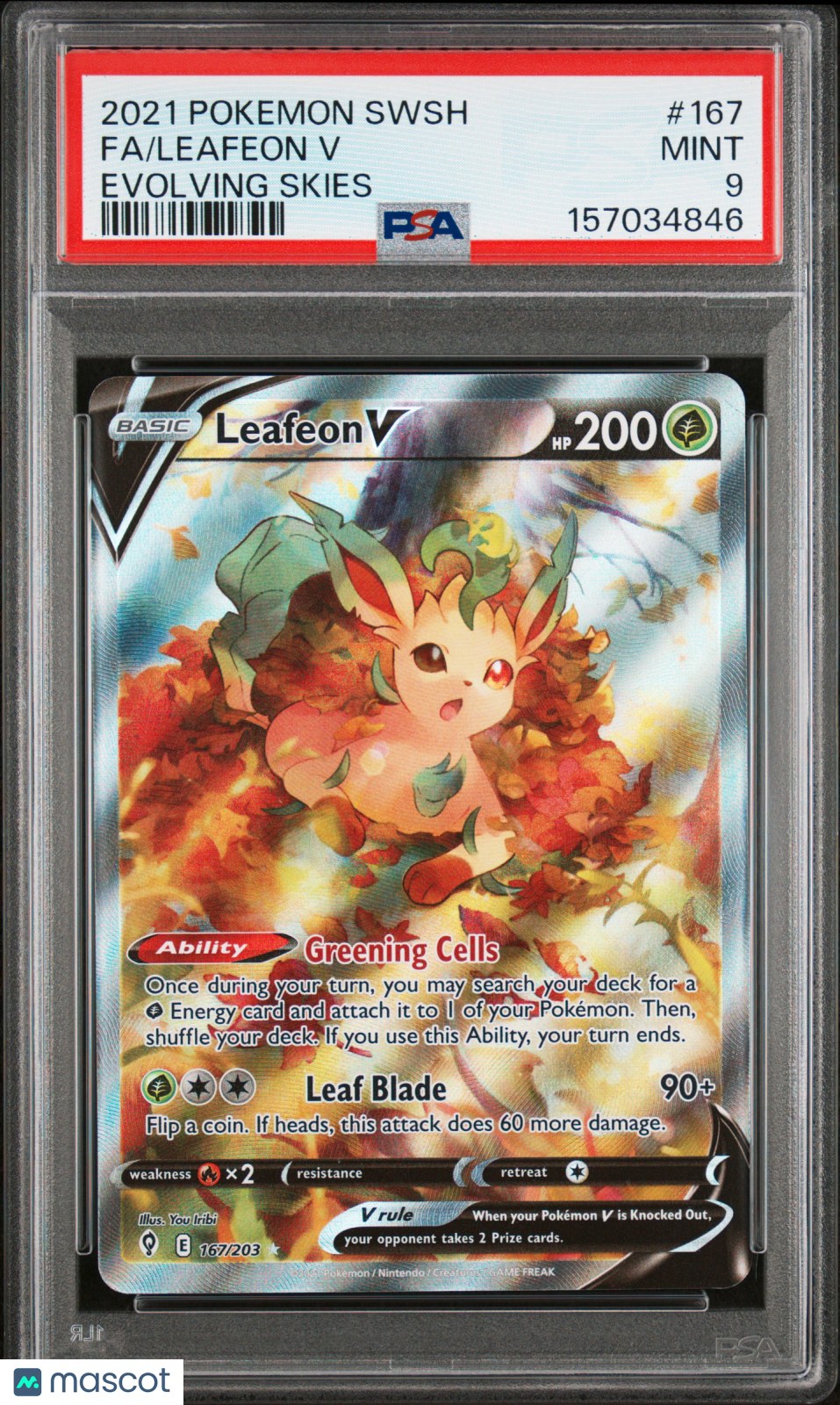 2021 Pokemon Sword & Shield Evolving Skies Leafeon V #167 Evolving Skies Fa PSA 9