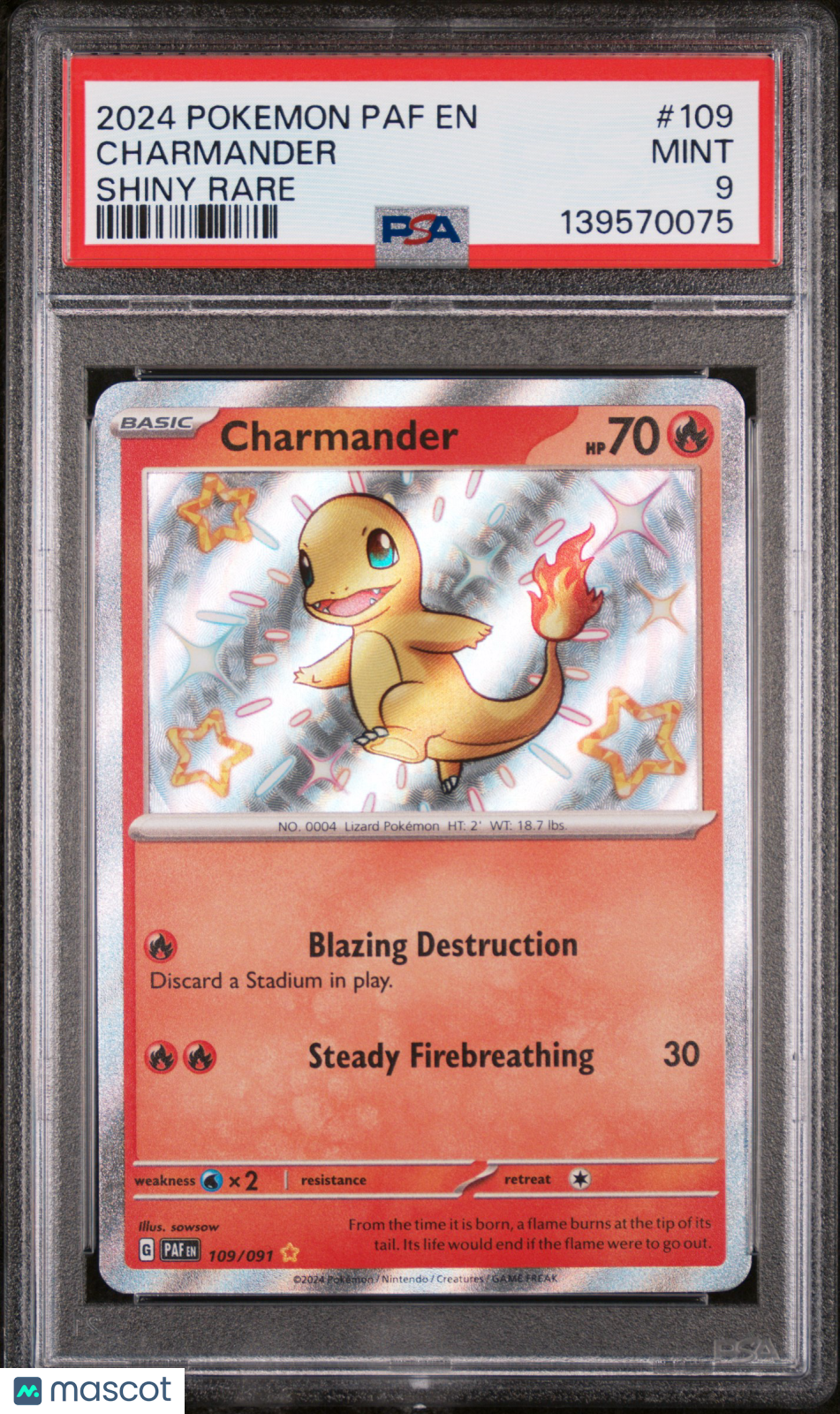2024 Pokemon Paf EN-Paldean Fates Charmander #109 Shiny Rare PSA 9