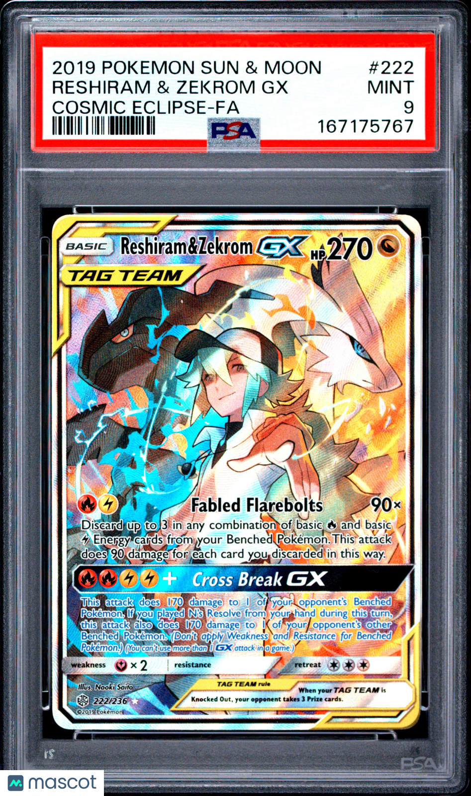 2019 Pokemon Sun & Moon Cosmic Eclipse Reshiram & Zekrom GX #222 Cosmic Eclipse-Fa PSA 9