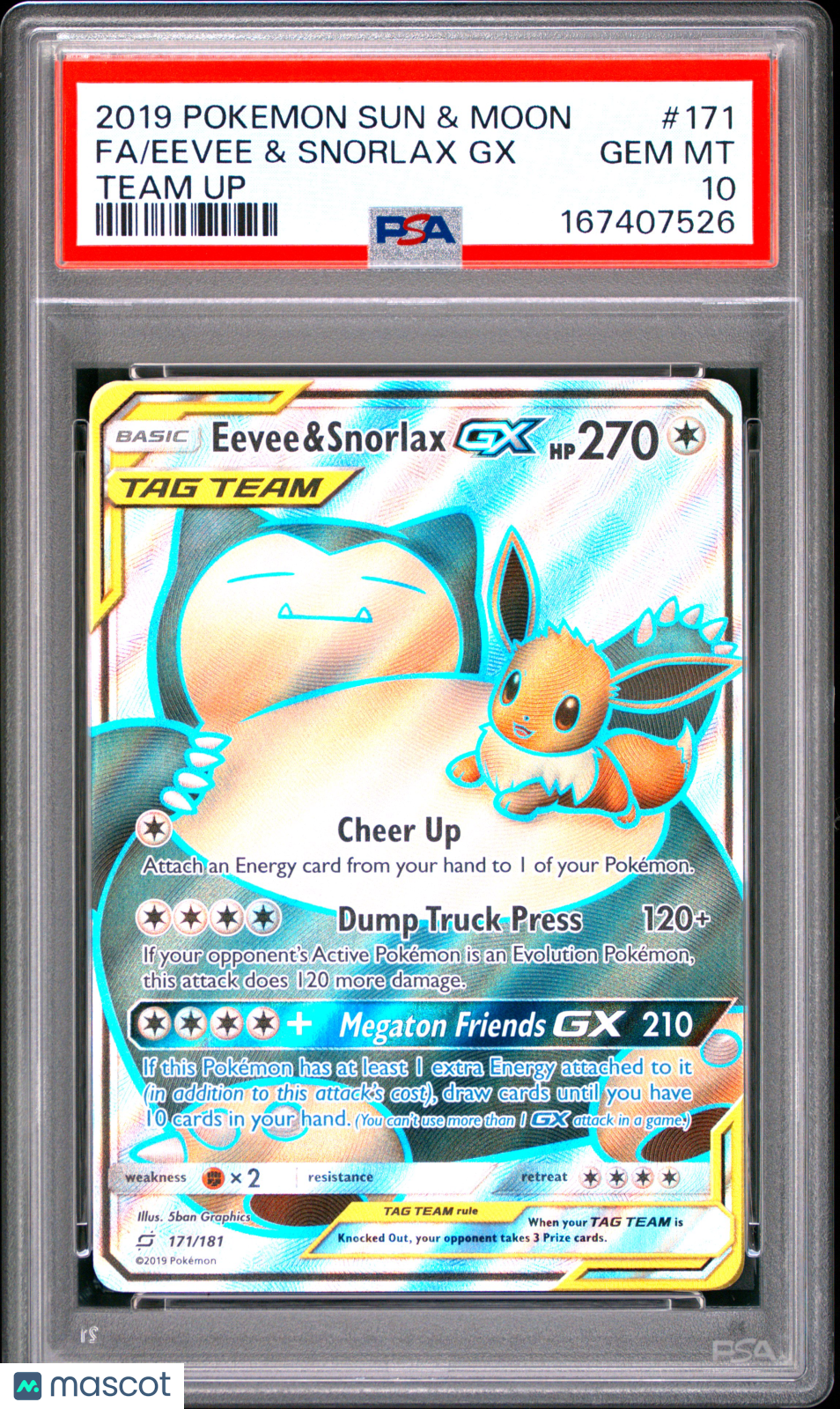 2019 Pokemon Sun & Moon Team Up Eevee & Snorlax GX #171 Fa Team Up PSA 10
