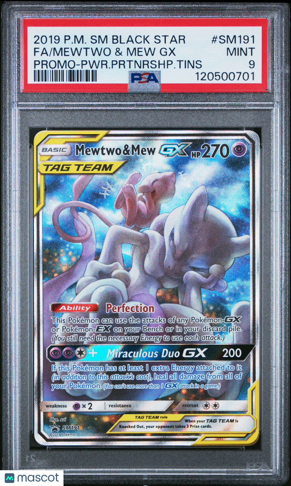 2019 Pokemon SM Black Star Promo Mewtwo & Mew GX #SM191 Promo-PWR.Prtnrshp.Tins Fa PSA 9
